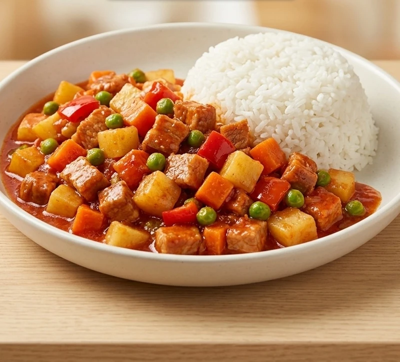 Filipino pork menudo at Mama Nors Kitchen, a family-owned Filipino restaurant on Leila Avenue, Winnipeg